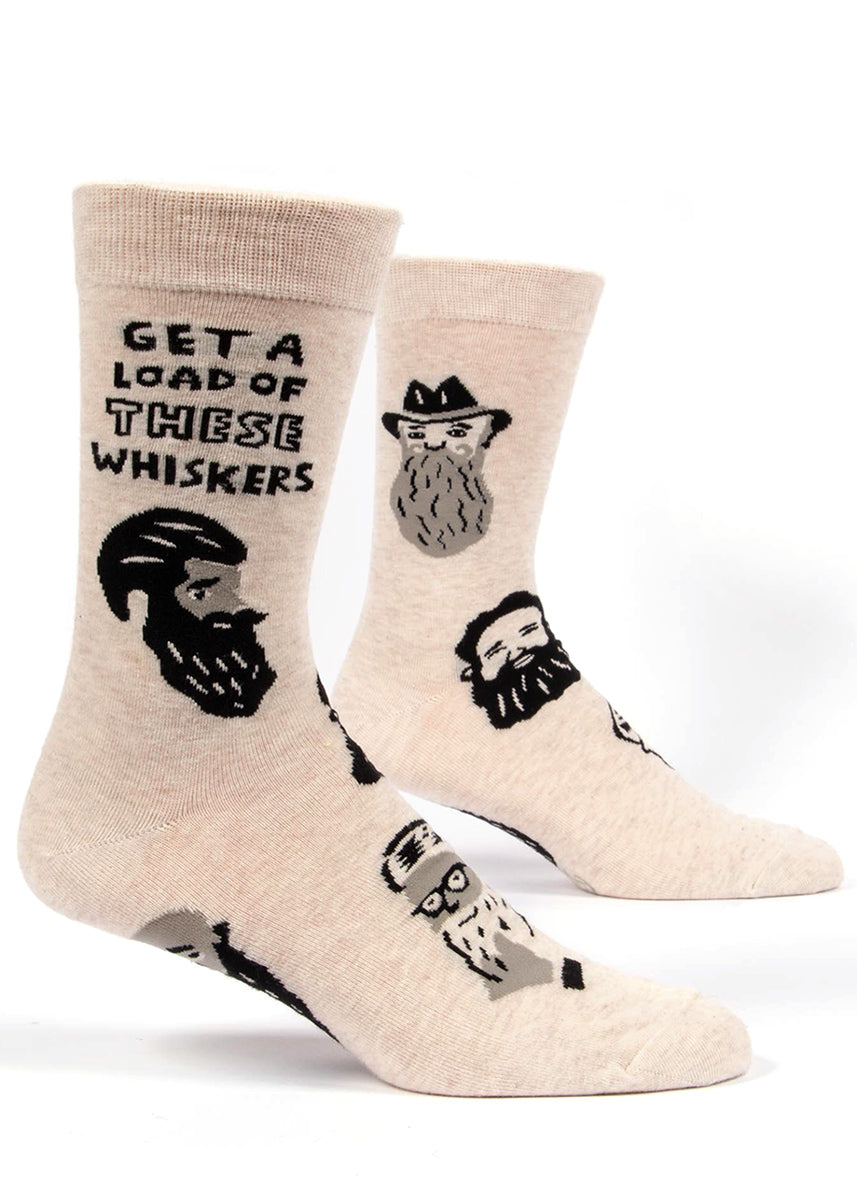 Funny beard socks for men with mustaches and beards and the words "Get a load of these whiskers."