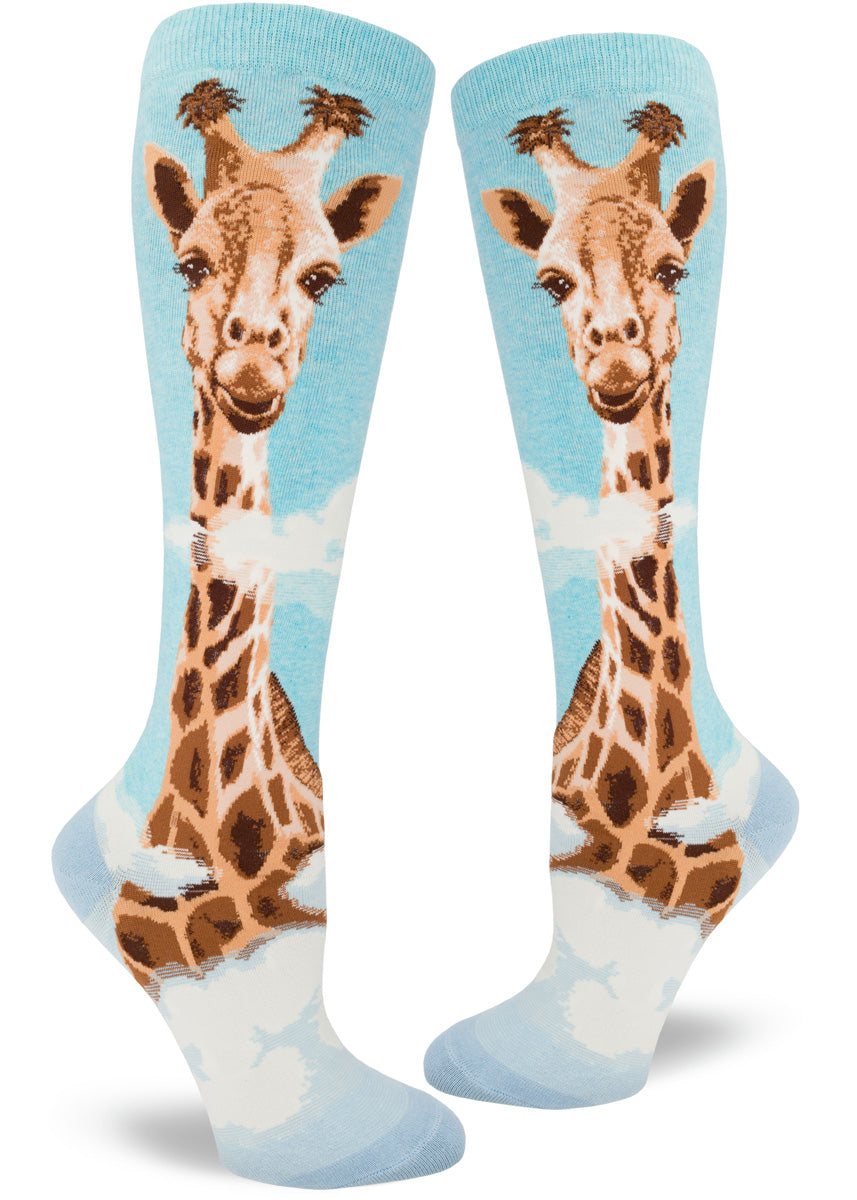 Knee-high giraffe socks for women with giraffe heads in the clouds