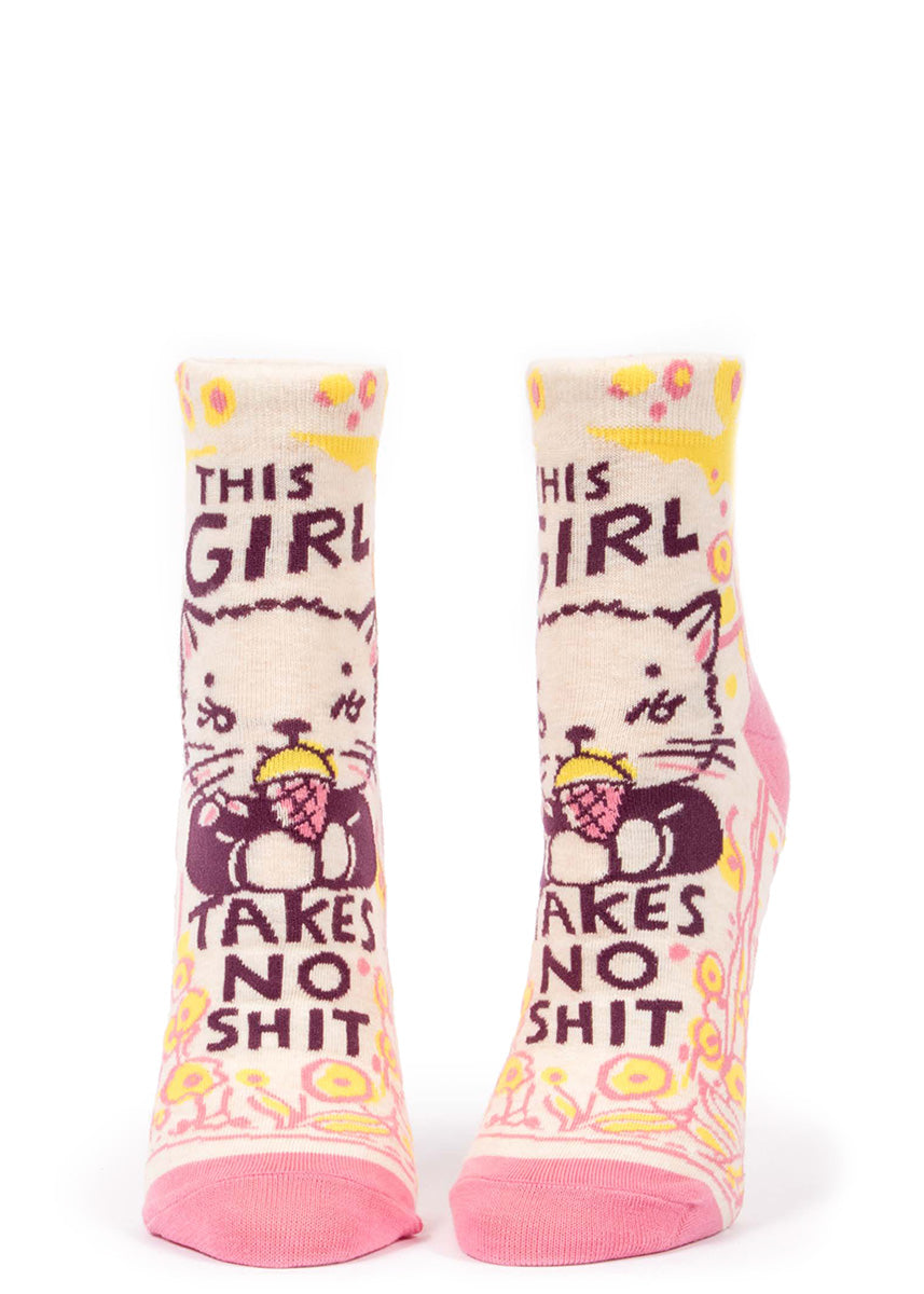 Wear women's socks that say, "This girl takes no shit," and have cute cat girls eating ice cream