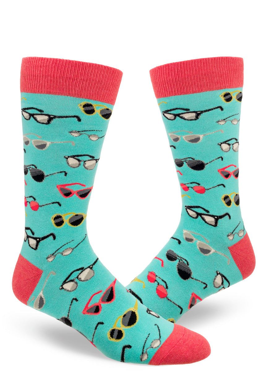 Fun crew socks for men covered in different styles of sunglasses.