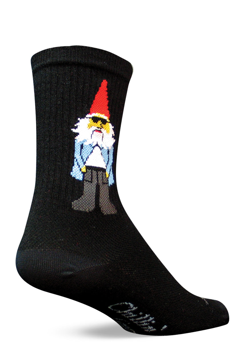 These funny gnome socks for men and women feature a cool garden gnome with sunglasses. The bottoms of the socks say "Chillin' with my gnomies."