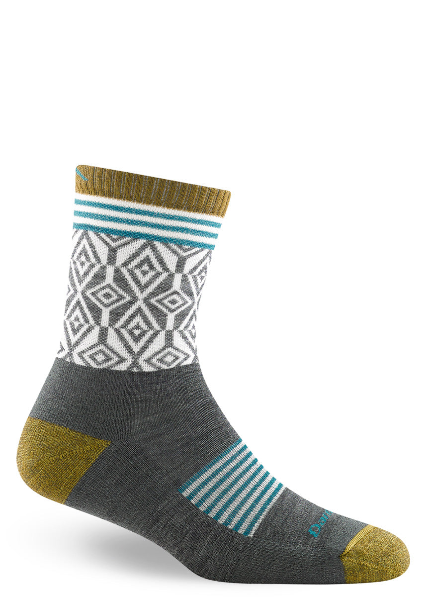 Cushioned wool socks for women feature funky diamond patterns in white and charcoal with a heather yellow cuff, heel, and toe.
