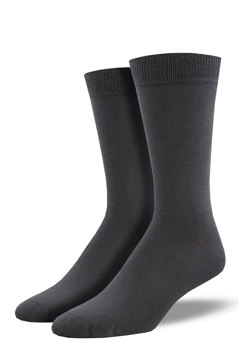 Bamboo dress socks for men come in a solid charcoal gray.