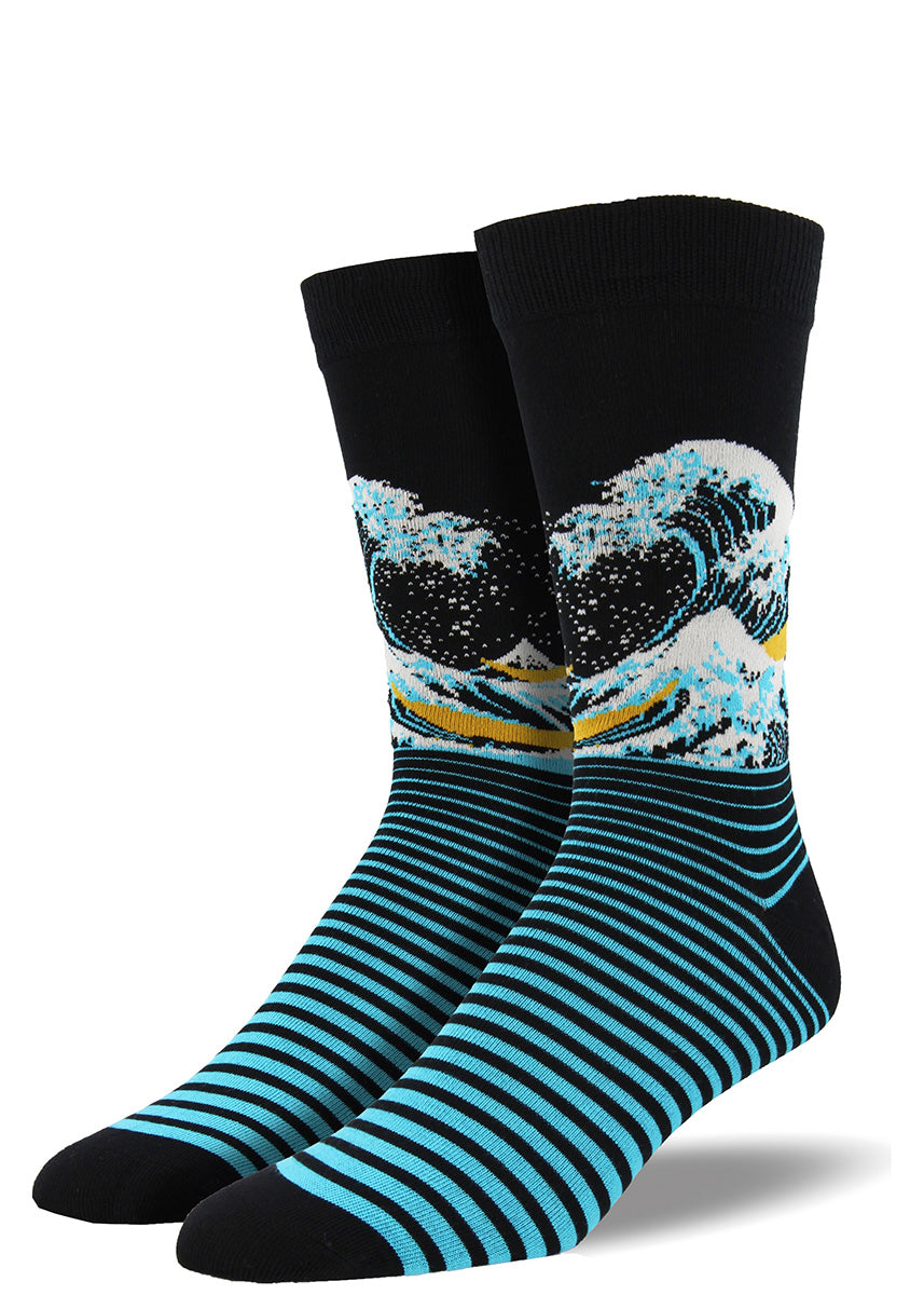 Art socks for men with the Great Wave Off Kanagawa famous Japanese wave art.