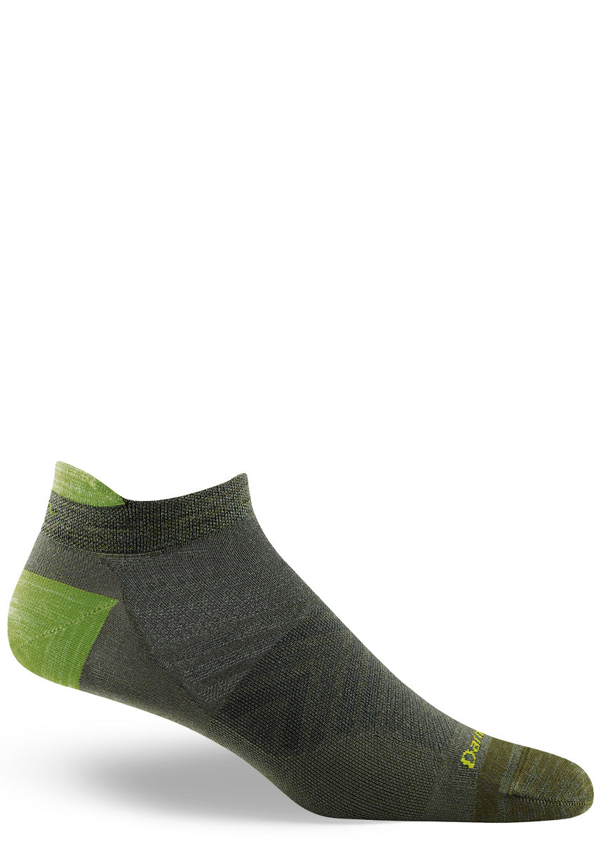 Lightweight wool athletic ankle socks for runners with a pull-on tab, in shades of green. 