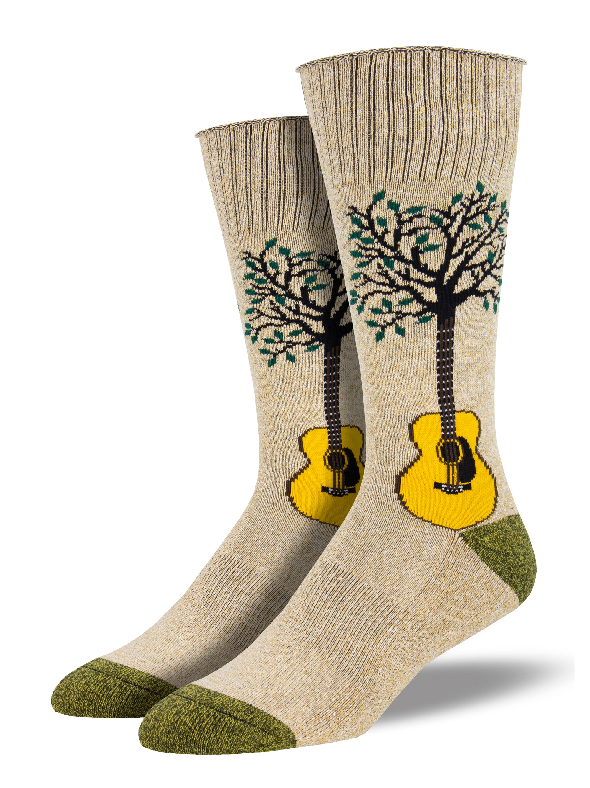 Crew socks feature a design of a guitar-tree and are made of recycled materials.
