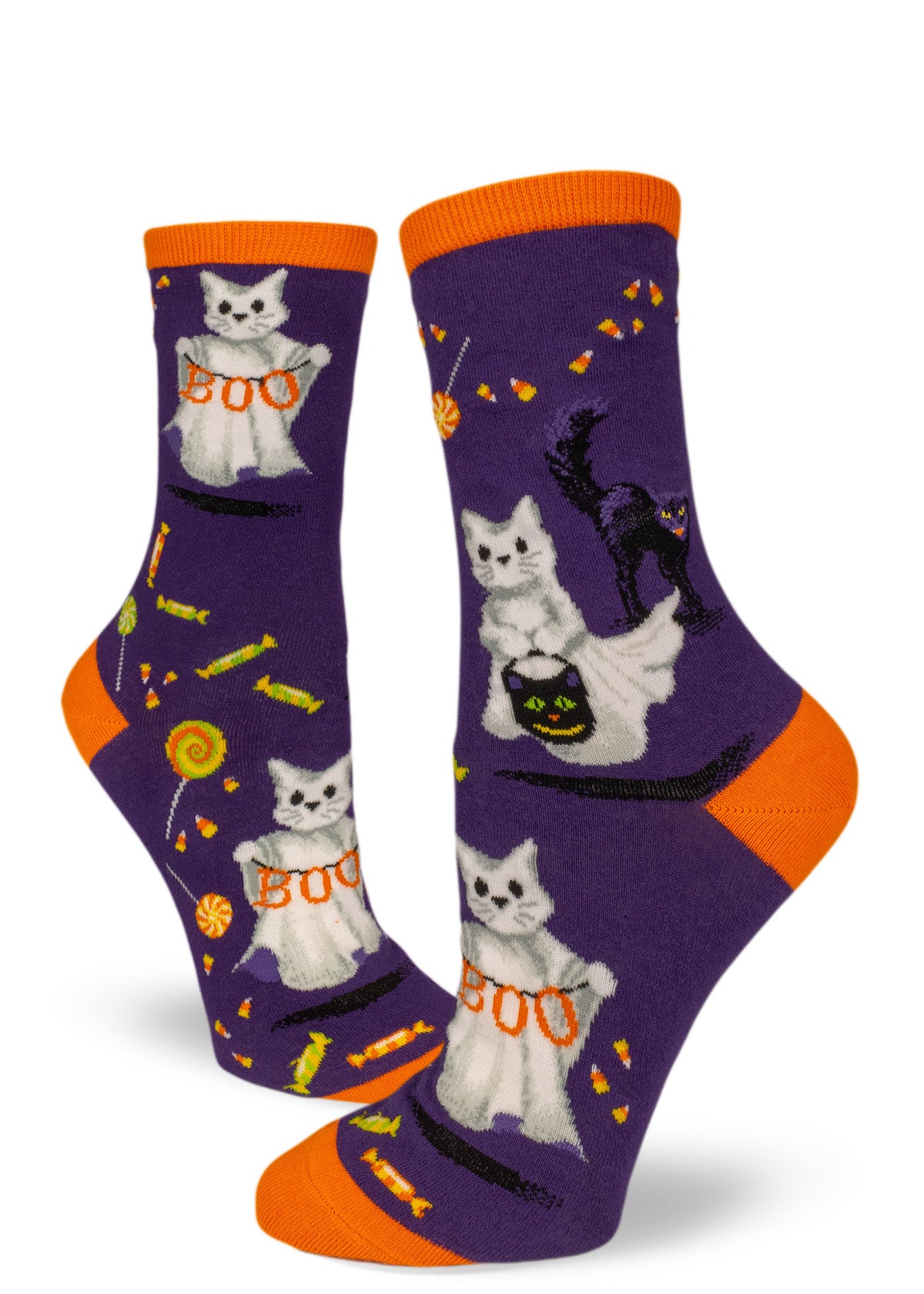 Cat ghosts trick-or-treat on Halloween socks in purple and orange.