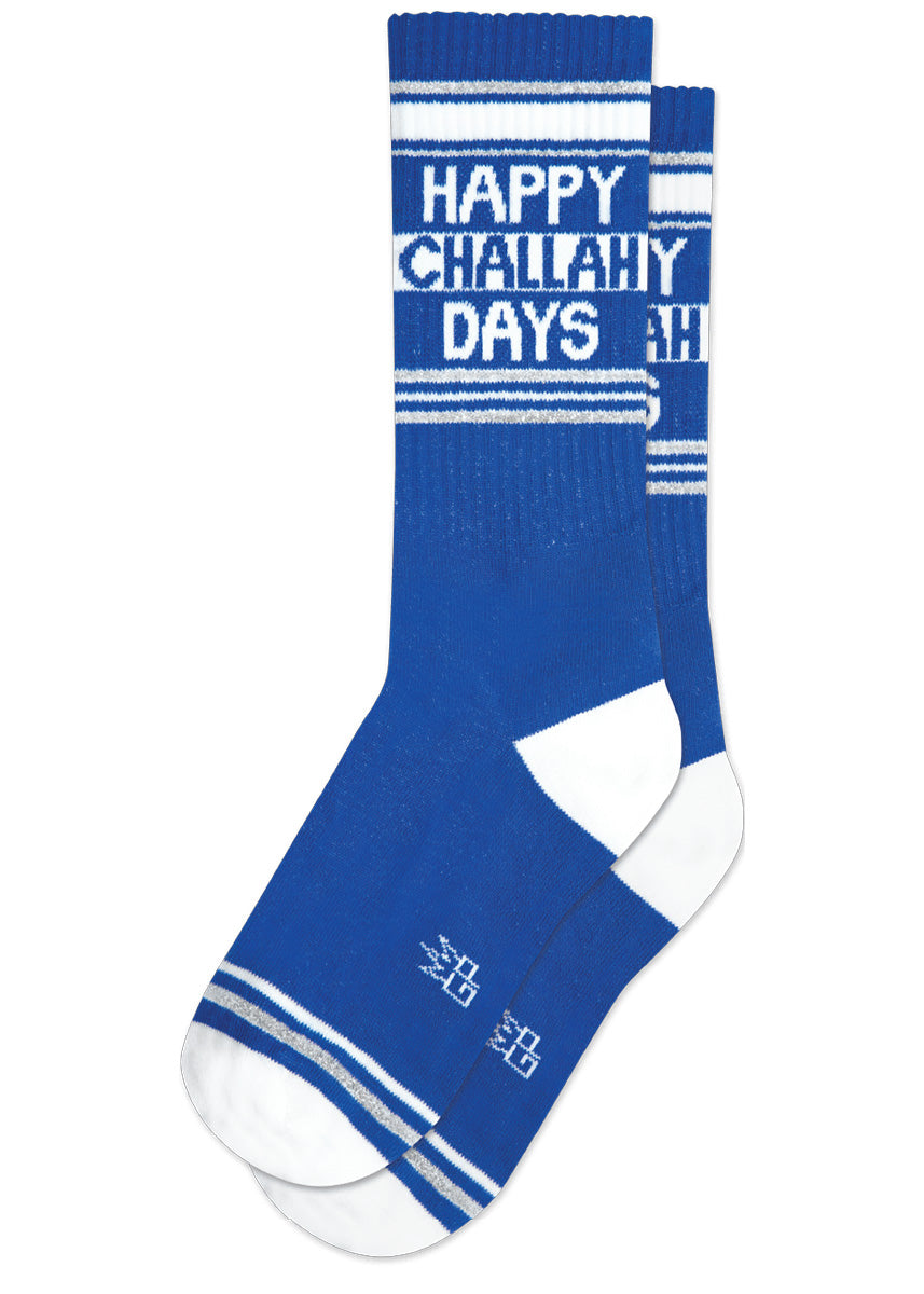 Blue retro gym socks with white and silver stripes and the phrase “HAPPY CHALLAH DAYS" on the leg.
