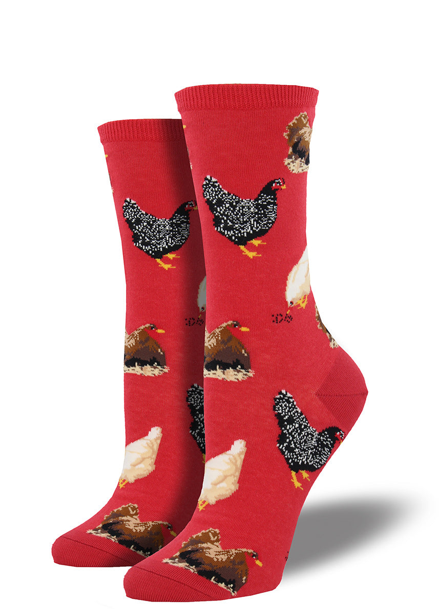 Cheerful red novelty crew socks with a pattern of various types of chickens.