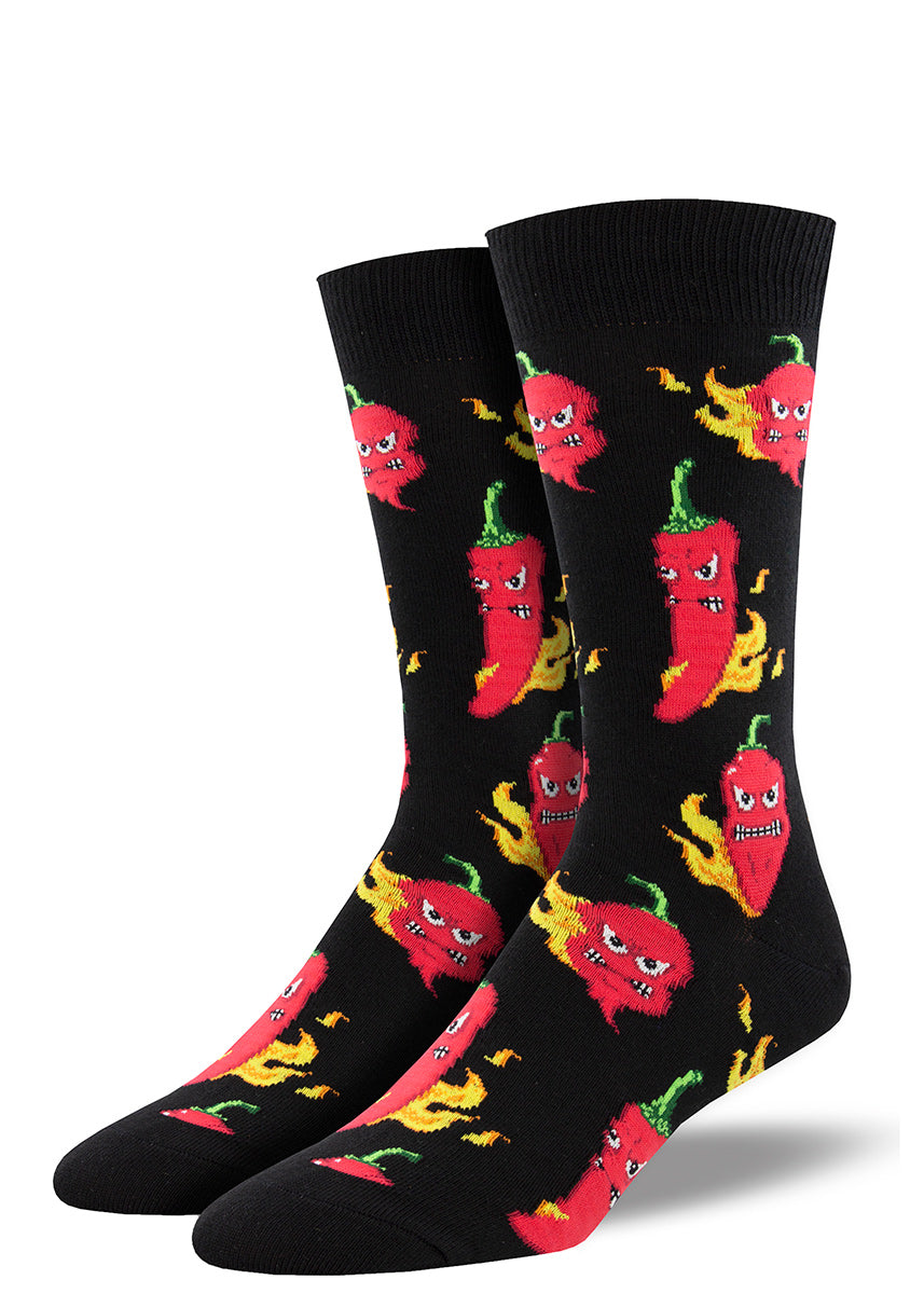 Red chili peppers with funny faces are literally on fire on these socks for men. 