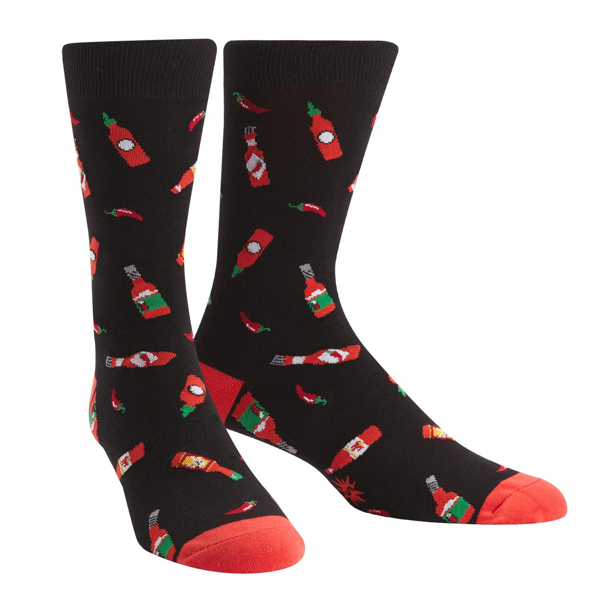 Hot sauce bottles and spicy chilis on men&#39;s socks gives a new definition to the phrase “hot foot”!