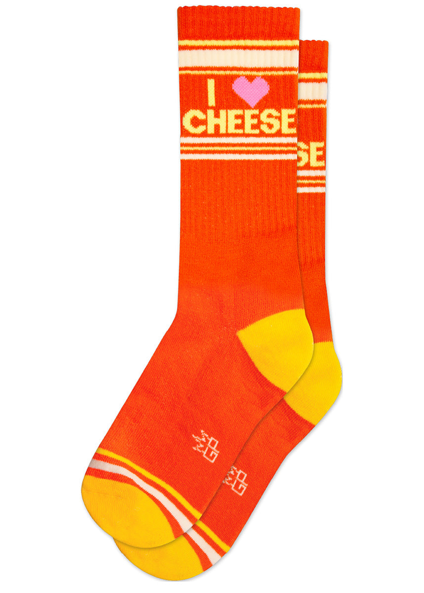 Bright orange socks that say “I ❤️ CHEESE" on the leg.