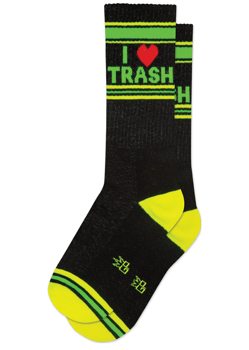 Retro-style unisex gym socks say &quot;I heart trash&quot; on a black background with bright green and yellow accents.