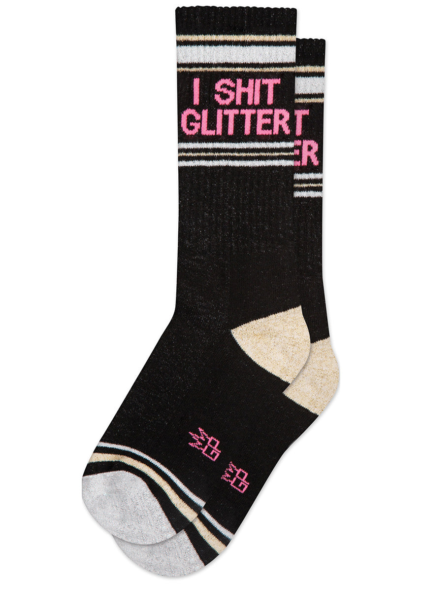 The words &quot;I shit glitter&quot; on a sparkly retro gym sock. 