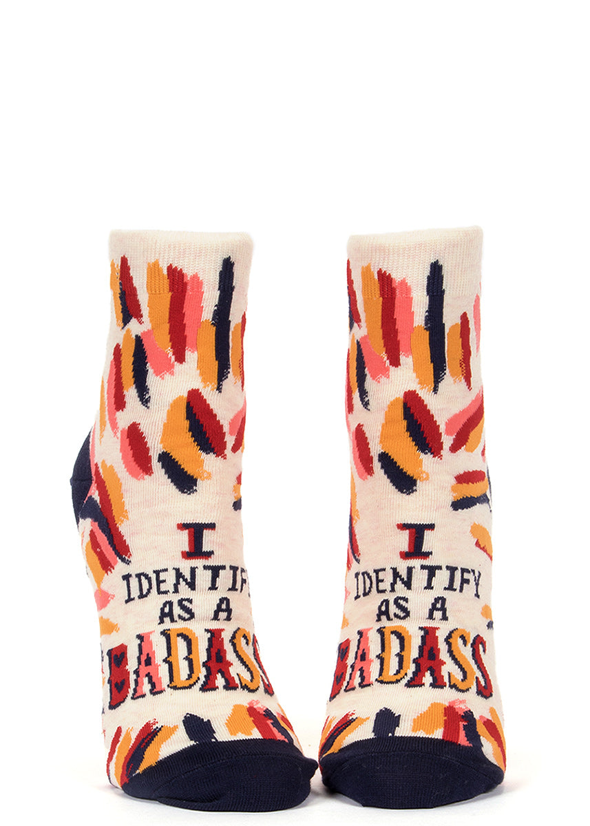 Wild women's ankle socks that say, "I identify as a badass."