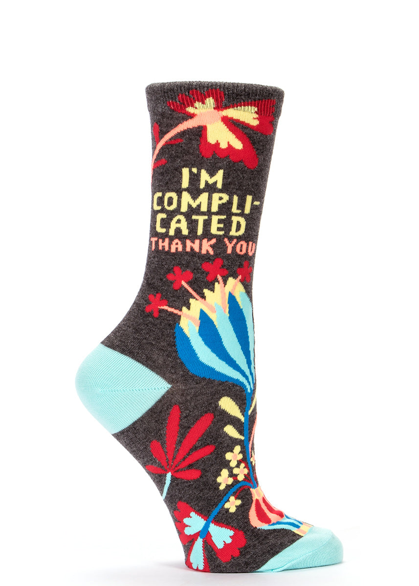 Funny women's socks that say "I'm complicated thank you."