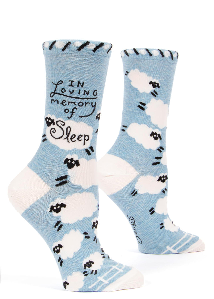 Funny socks for women say &quot;In loving memory of sleep&quot; and are covered in fluffy white sheep!