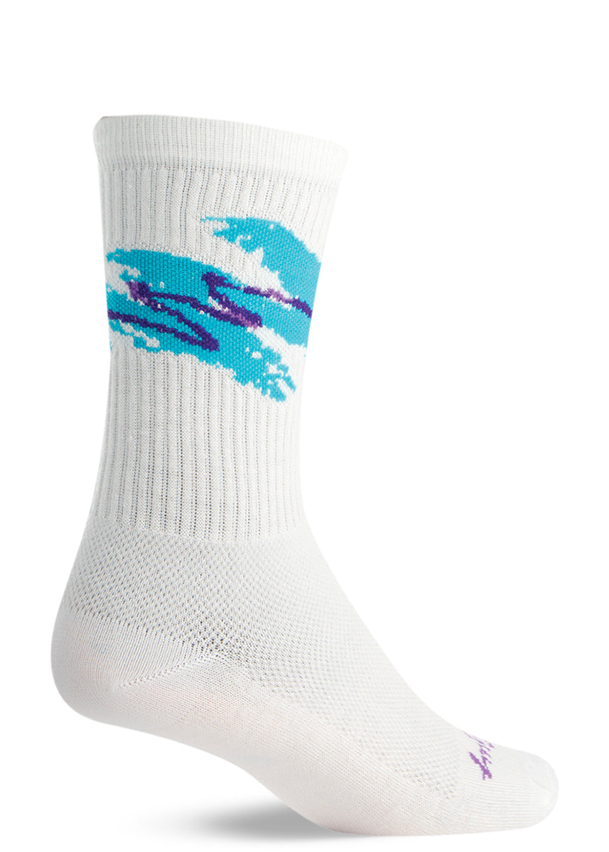 Jazz cup socks with 90s cup pattern with teal and purple swishes on a white background