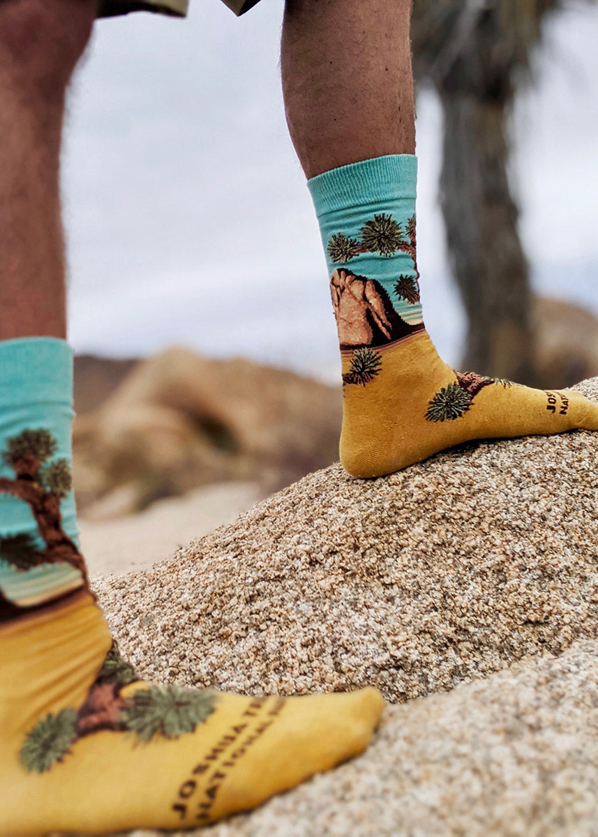 Crew socks for men depict Joshua Tree in all its glory, with golden desert sands, a rock formation, and aqua skies.