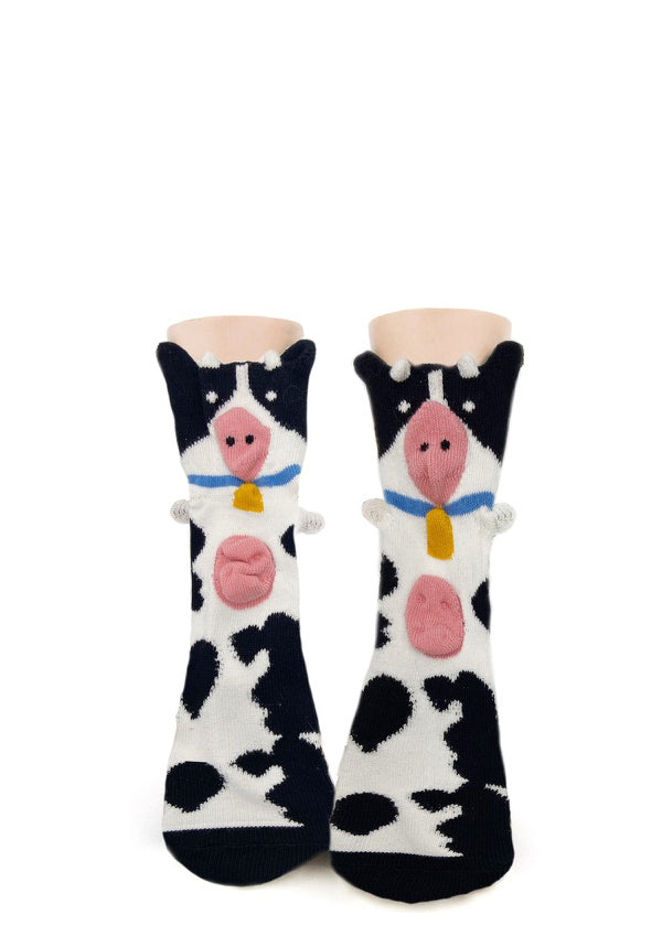 Cute animal socks for kids feature adorable cows with 3-D ears, horns, and udders!