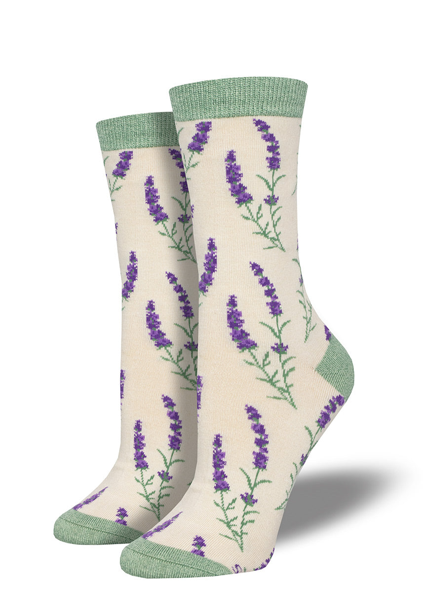 Ivory bamboo crew socks with an allover repeating pattern of lavender sprigs.