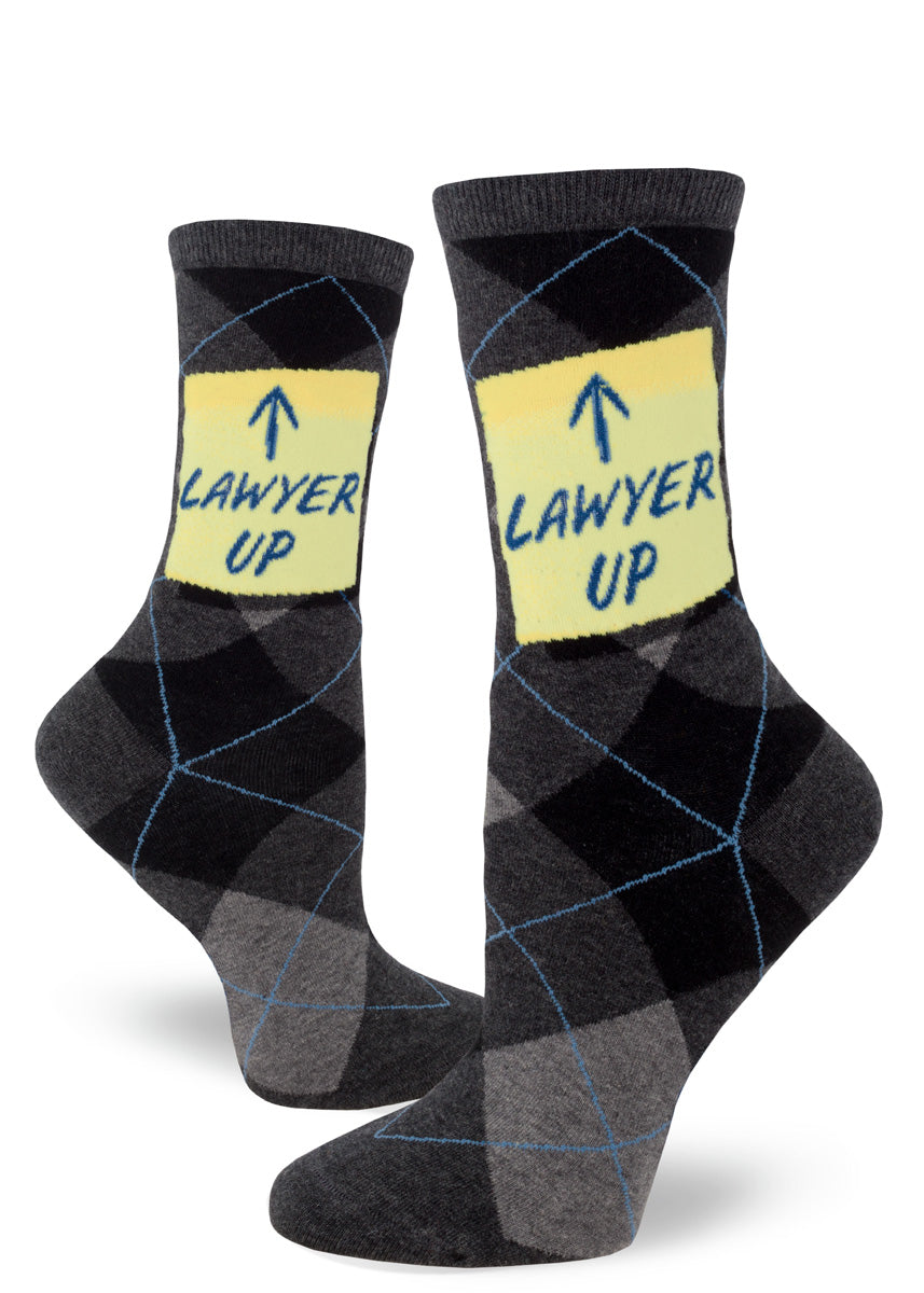 Funny lawyer socks for women with argyle pattern and "Lawyer Up" saying