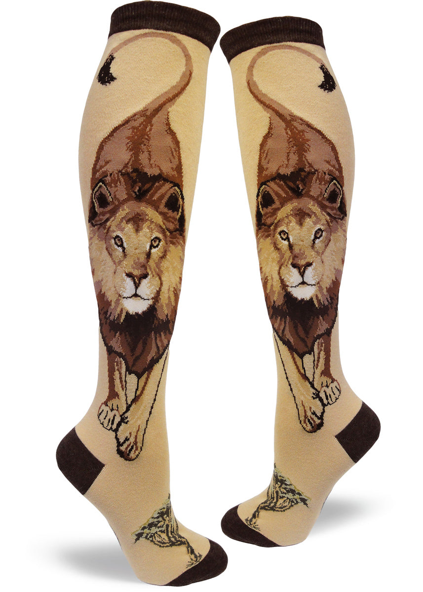 Knee-high socks with lions on a tan background for women