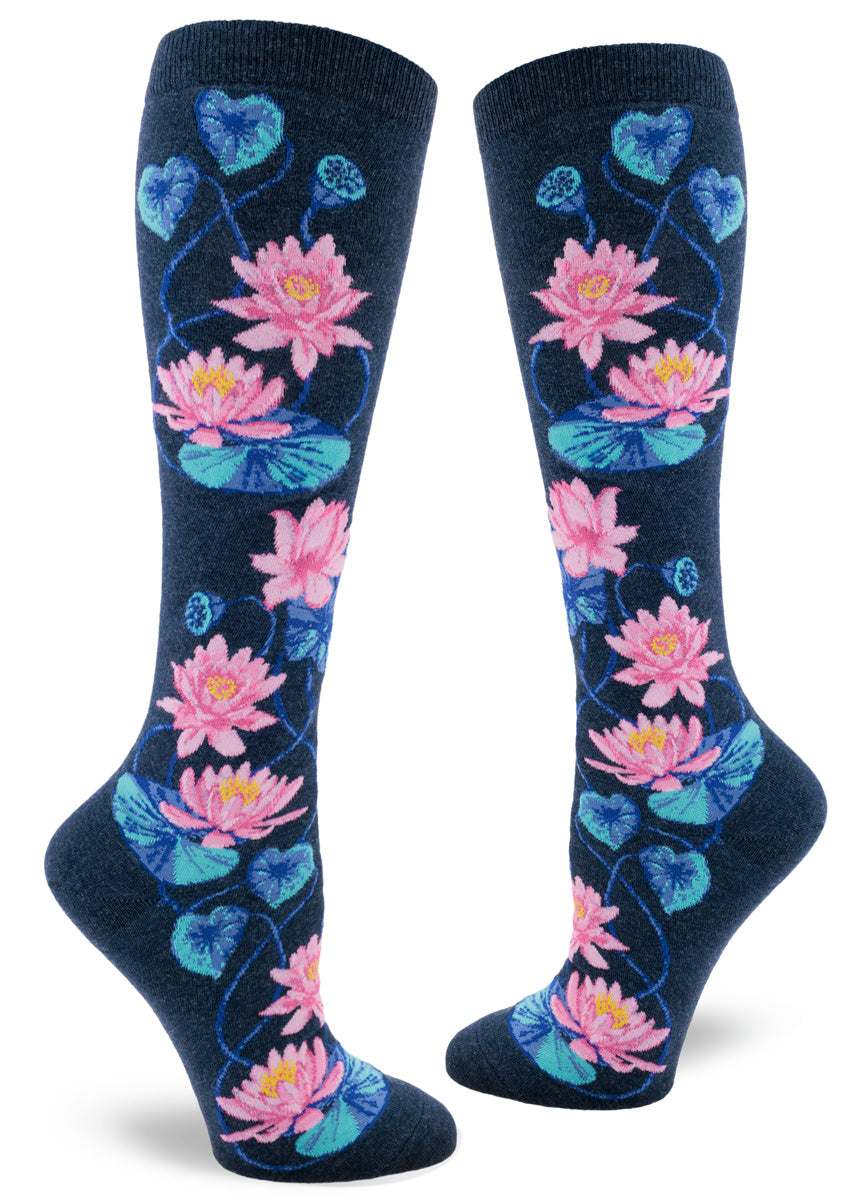 Pink Funky Socks Lotus Knee Socks | Beautiful Floral Knee-High Socks - Cute But Crazy Socks