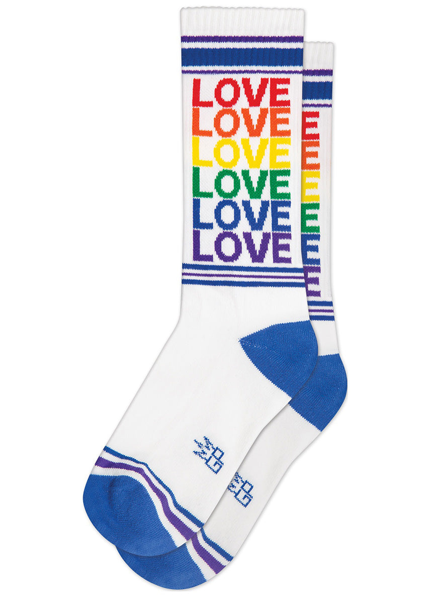 Retro gym socks say the word &quot;LOVE&quot; repeated in every color of the rainbow.