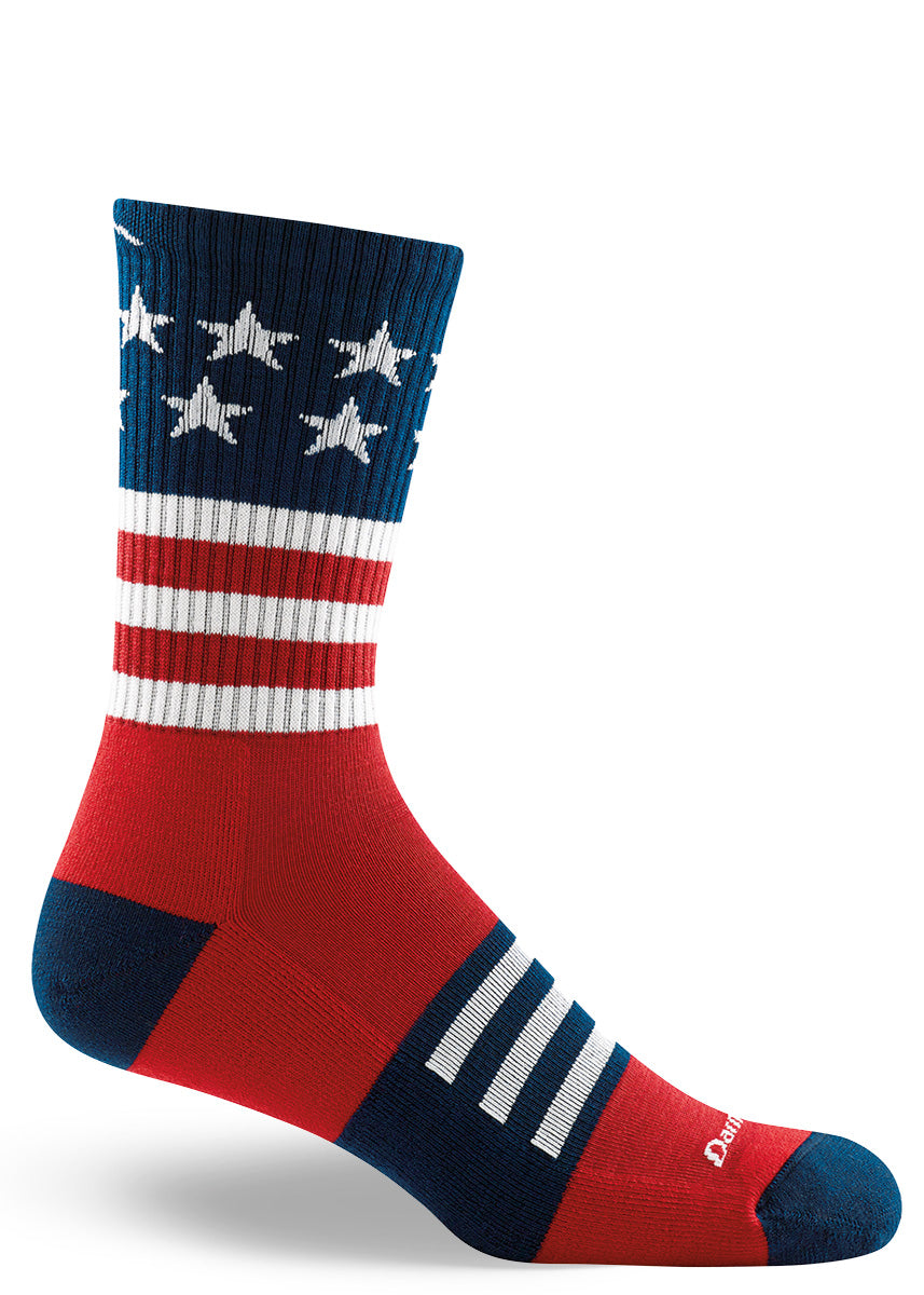 Cushioned wool socks for men that look like the American flag. 