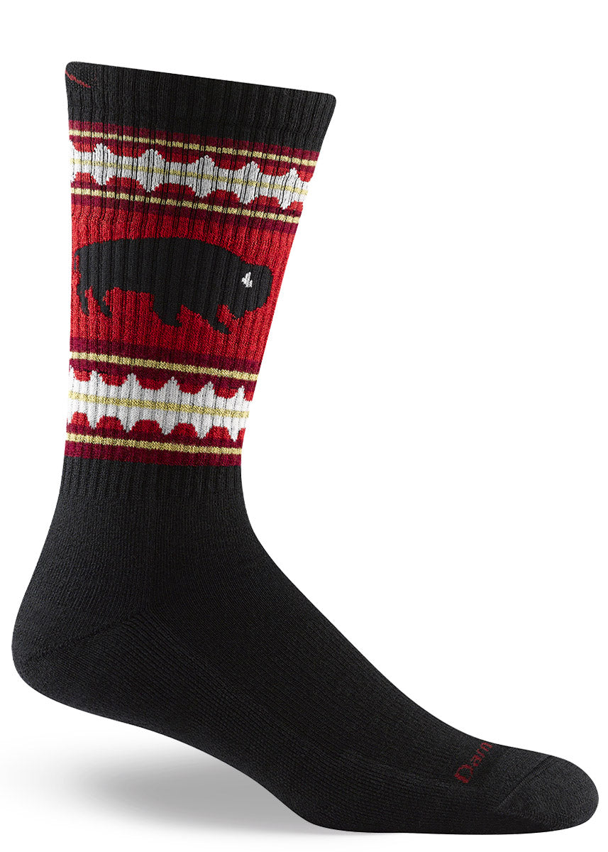 Cushioned wool hiking socks for men with a red and black buffalo design on the leg.