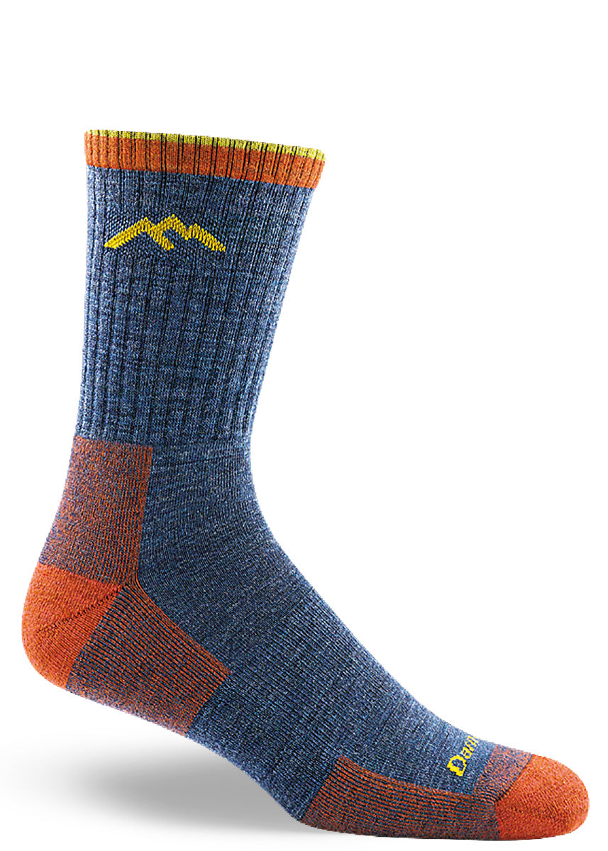 Denim hiking socks for men with thick and cushy soles and bright orange and blue colors