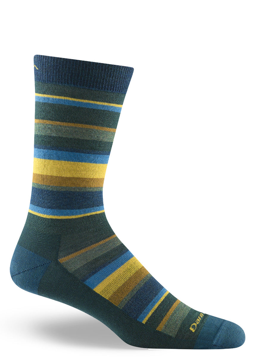 Merino wool dress socks for men in teal, green, blue and gold stripes.