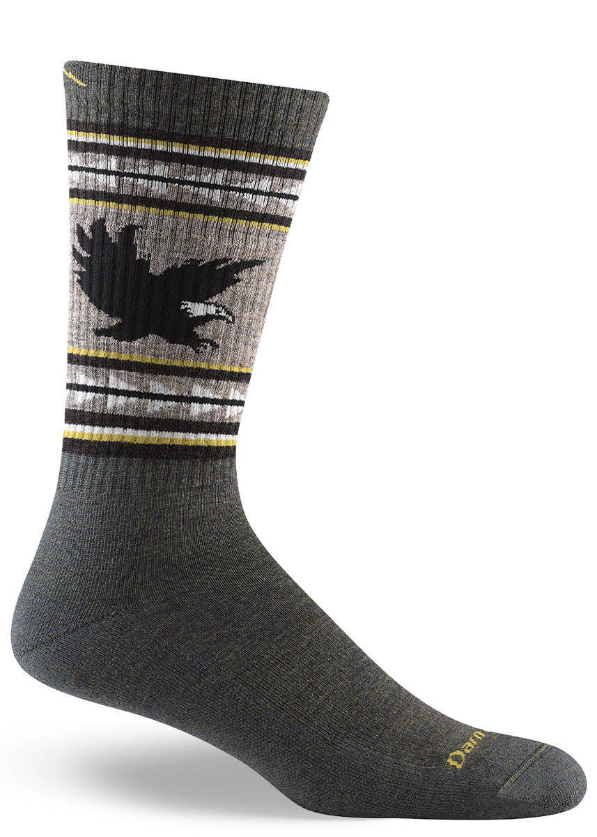 Greenish-gray and taupe cushioned wool hiking socks for men with a  bald eagle design on the leg.