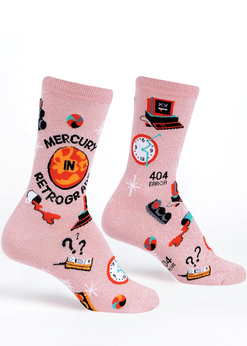Funny glitter socks for women feature Mercury in retrograde with all the accompanying mishaps: spilled coffee, technology failures, red lights and more!