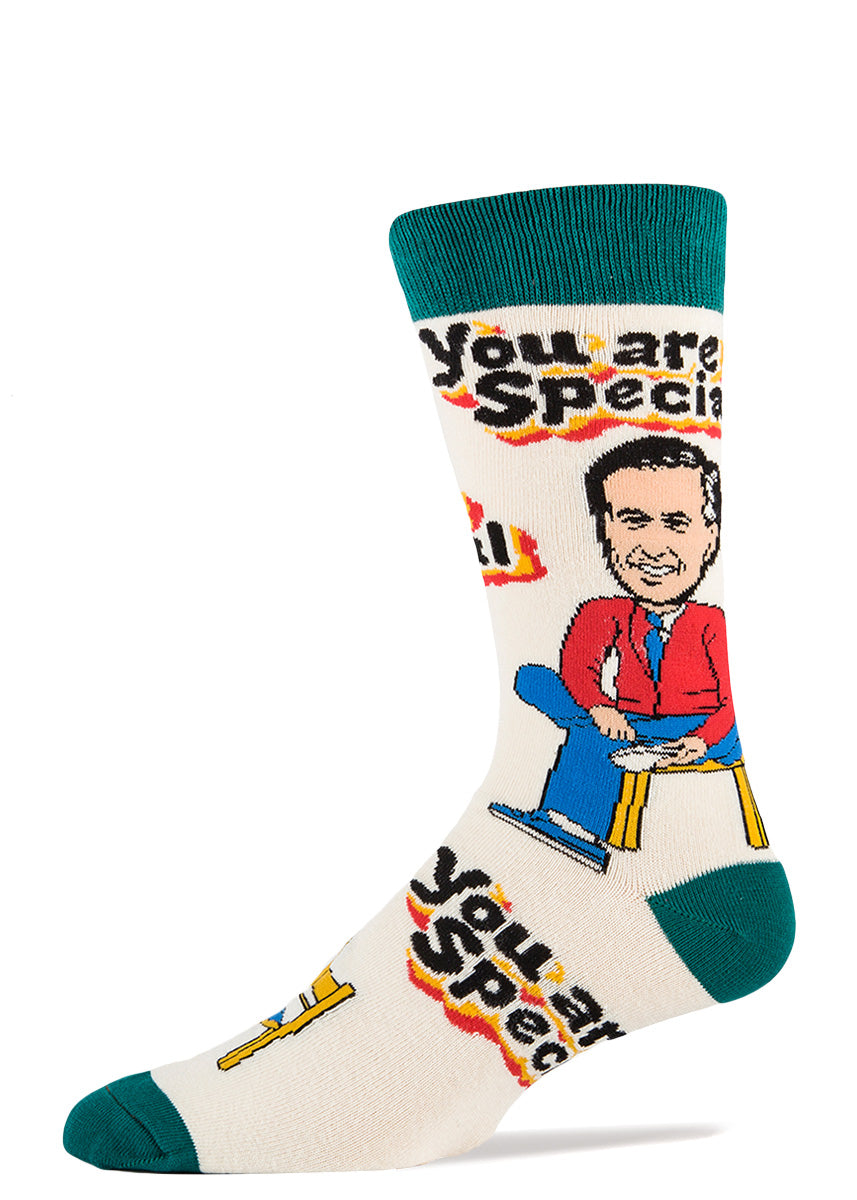 Mister Rogers socks that say "You Are Special" for men