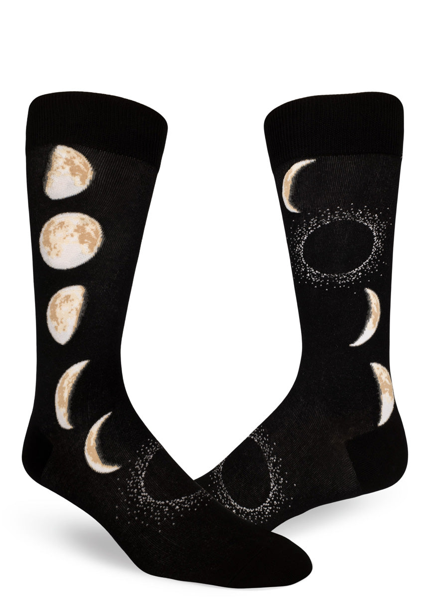 Moon socks for men with moon phases on a black background.