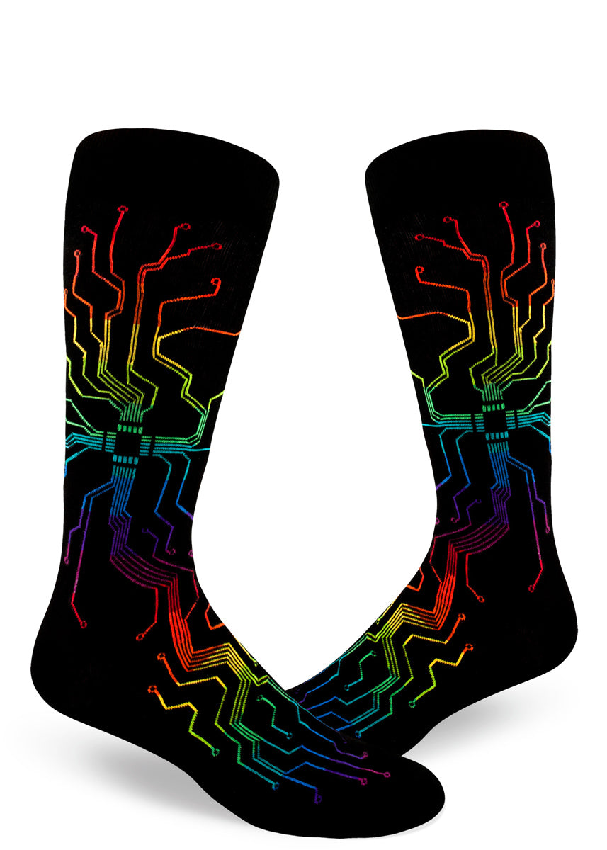 Rainbow motherboard socks for men with nerdy rainbow circuitboards on a black background