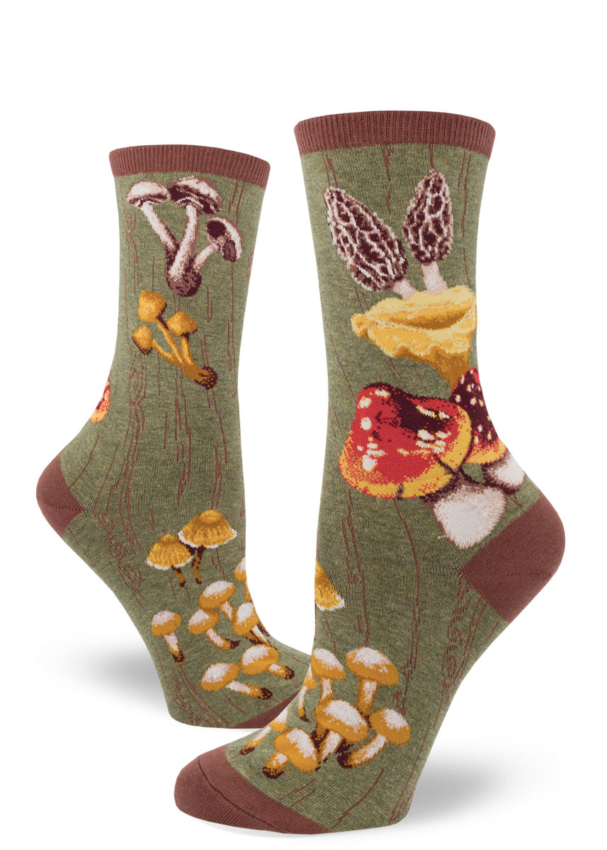 Mushroom socks for women with different mushrooms on a brown background