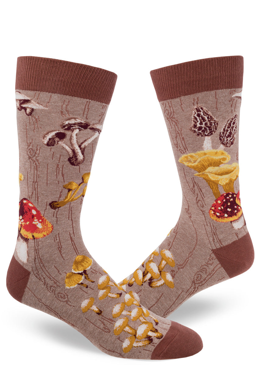 Mushroom socks for men with different mushrooms on a brown background