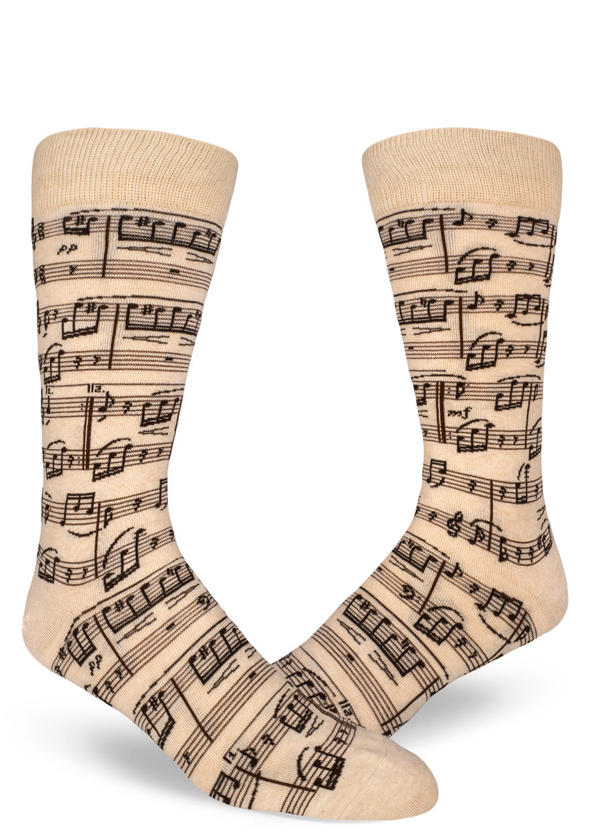 Sheet music socks for men with cream &amp; brown music notes that play Beethoven&#39;s &quot;Fur Elise.&quot;