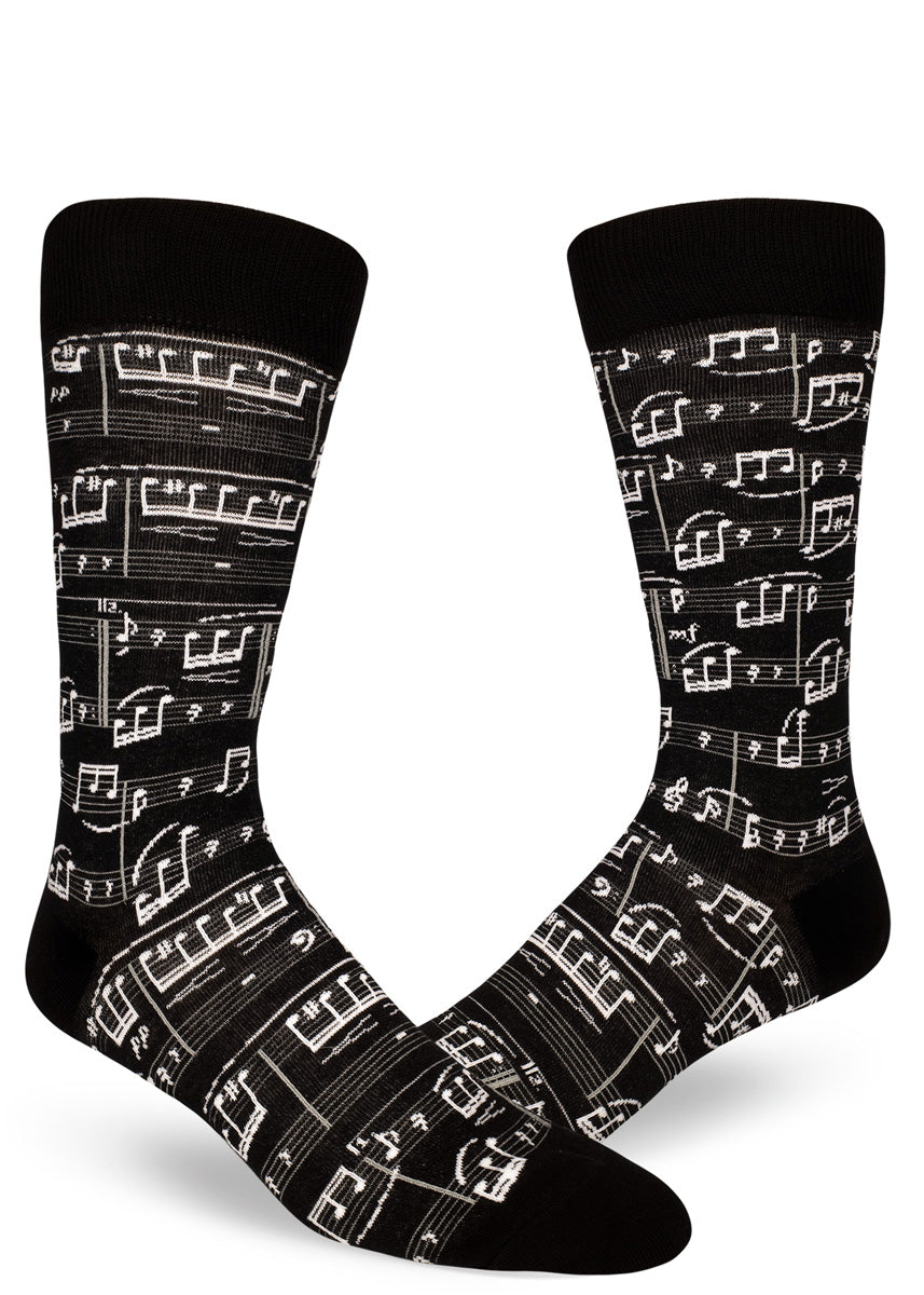 Sheet music socks for men with black and white music notes that play Beethoven&#39;s &quot;Fur Elise.&quot;