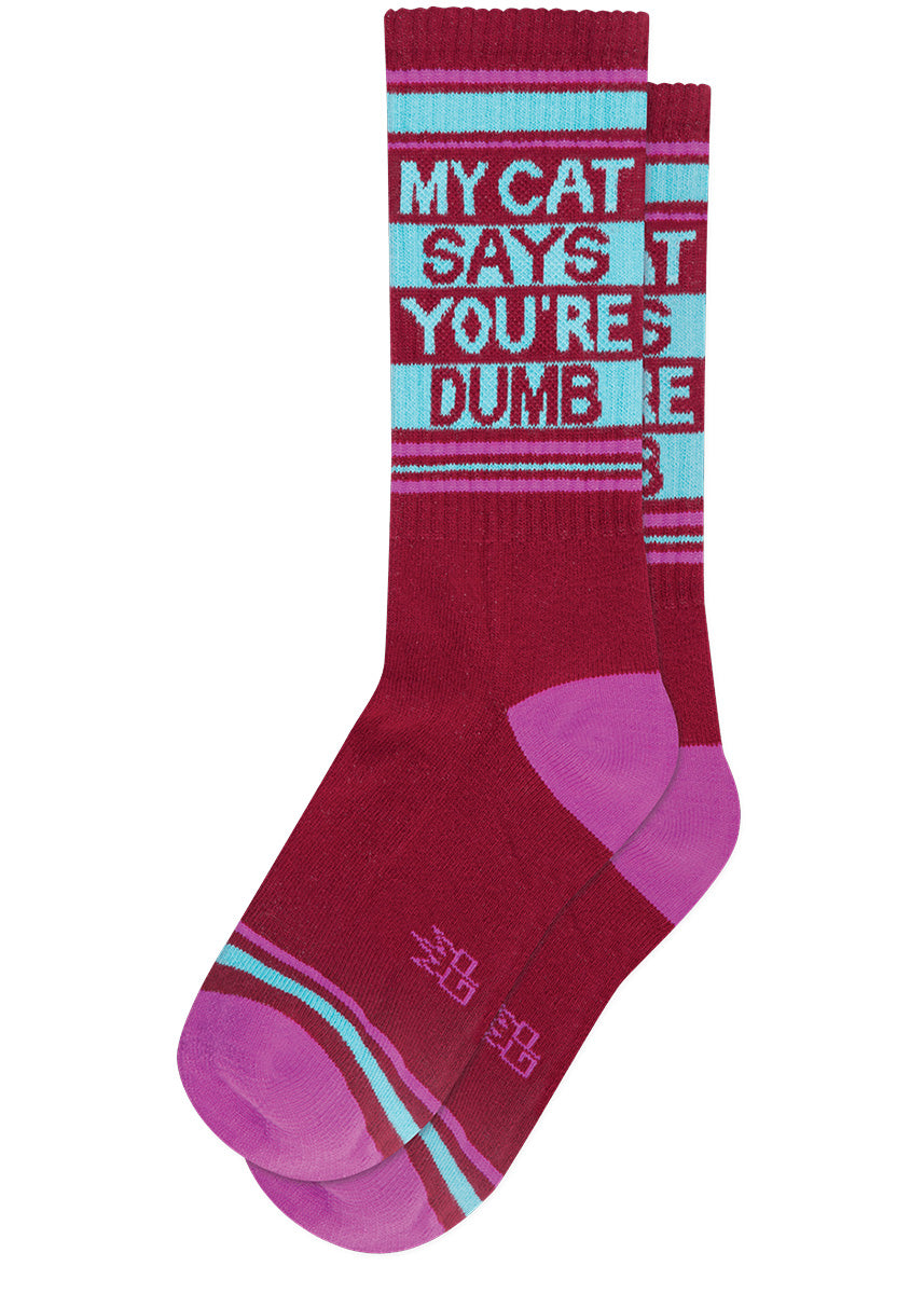 Funny cat socks that say "My Cat Says You're Dumb"