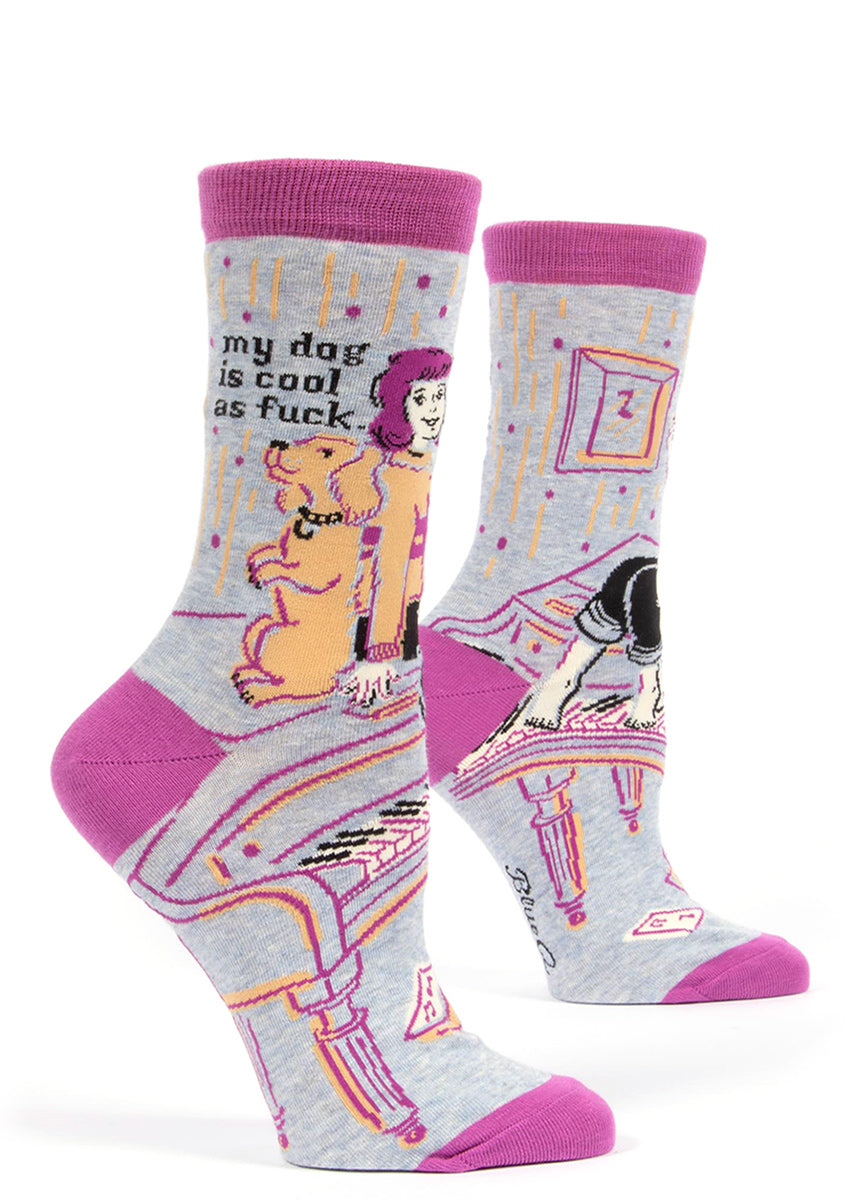 Funny women's dog socks that say "My dog is cool as fuck."