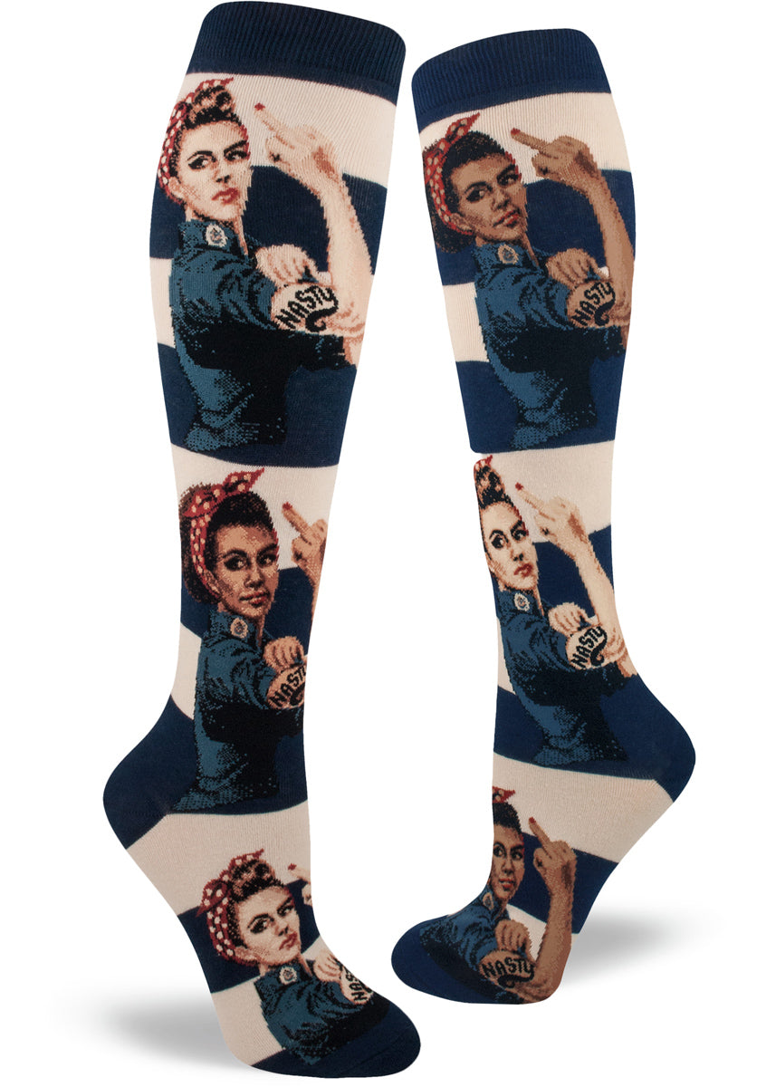 Knee-high socks with nasty Rosie the Riveters with different skin colors on a navy and cream striped background