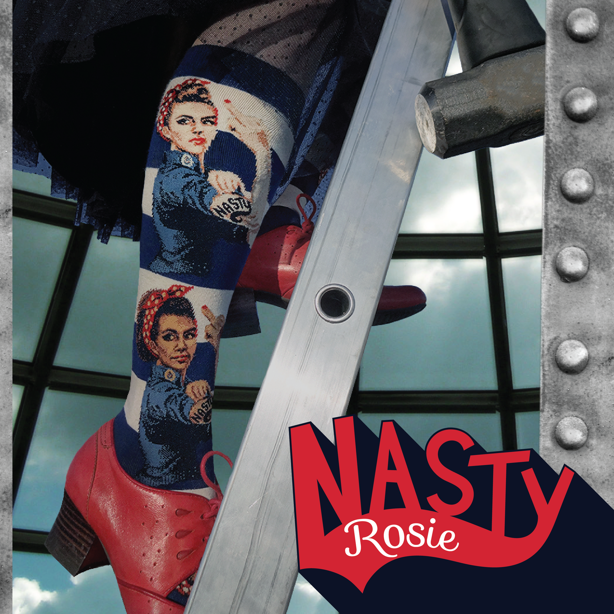 Knee-high socks with nasty Rosie the Riveters with different skin colors on a navy and cream striped background
