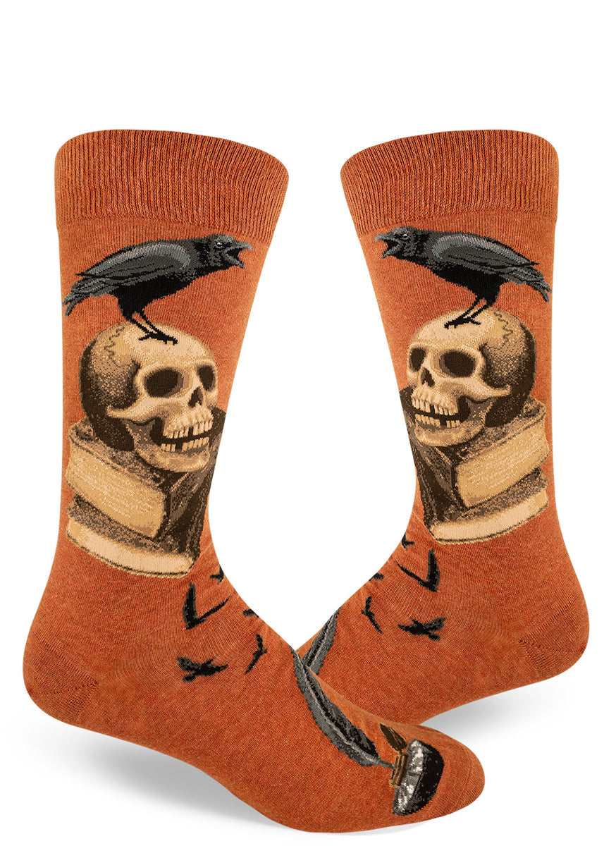 Raven socks for men with skulls and books for an Edgar Allan Poe Halloween sock