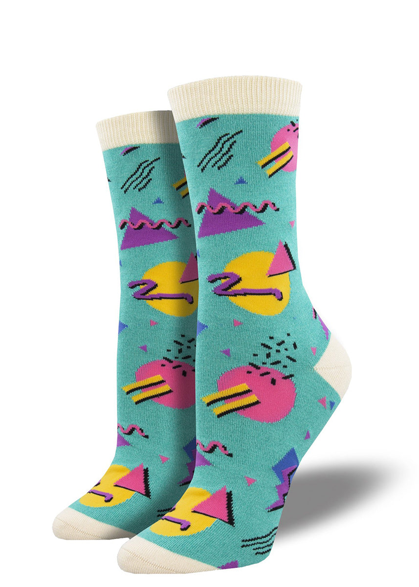 Bamboo socks for women feature colorful squiggles and 90's confetti on a teal background.