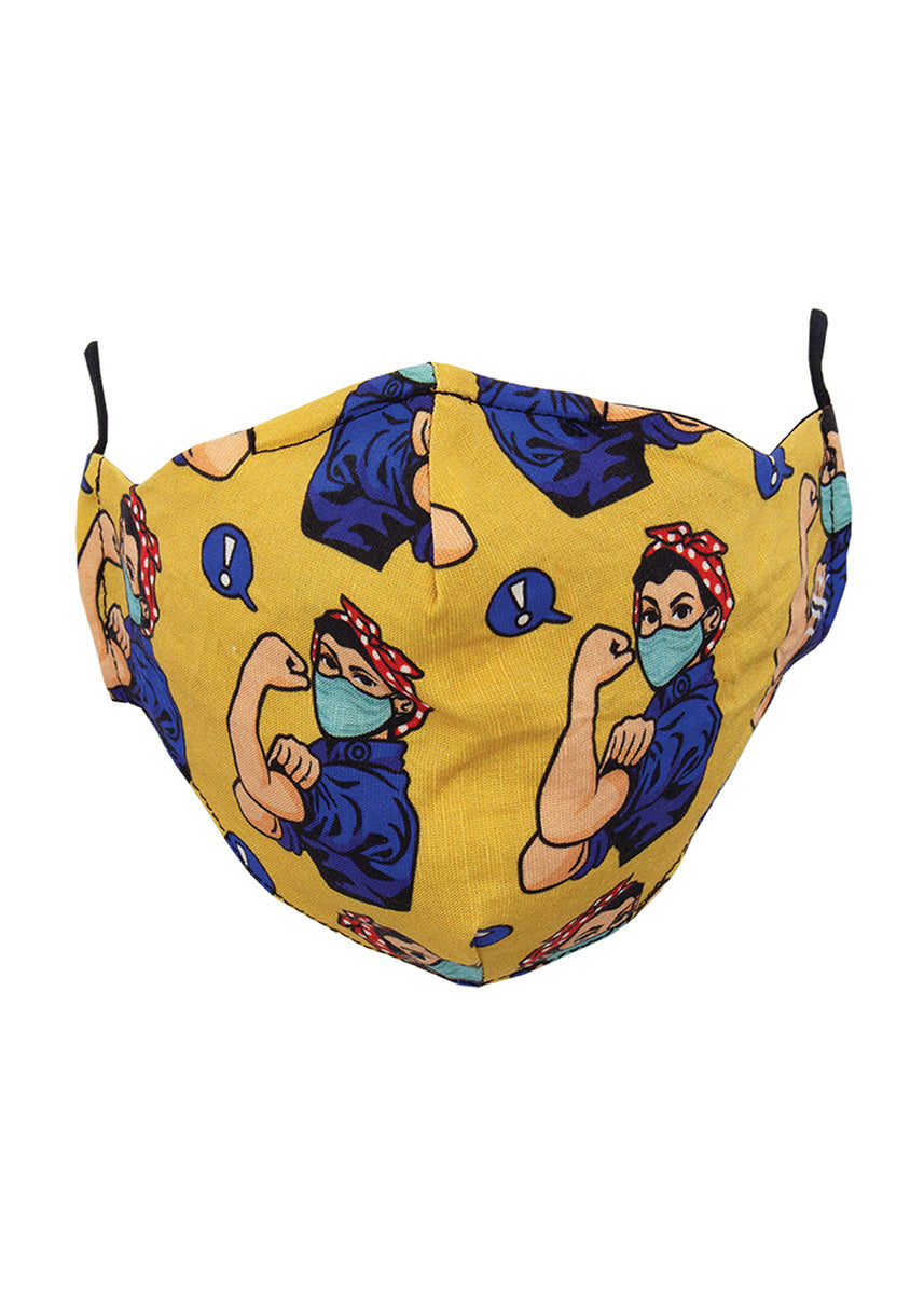 Reusable fabric face masks for adults feature Rosie the Riveter in a medical mask on a yellow background.