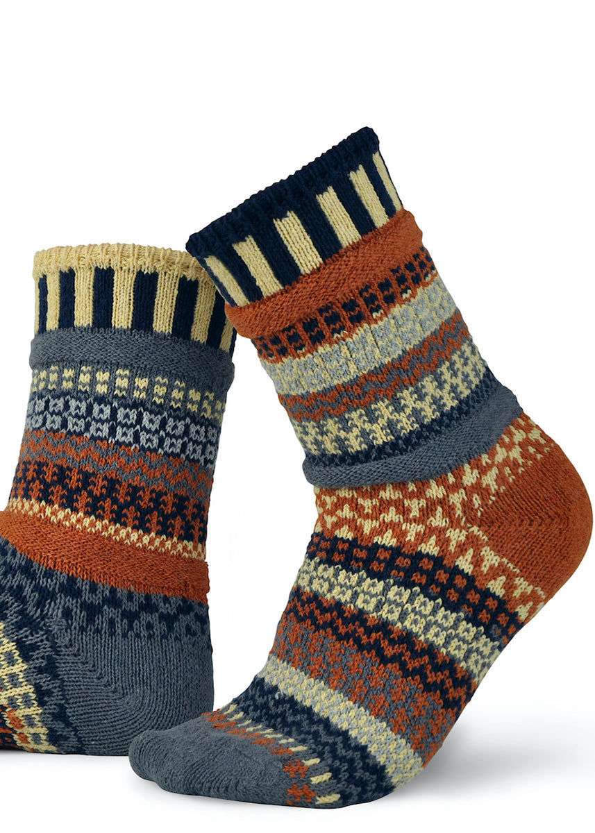 Cozy woven socks from Solmates feature wild mismatched patterns.